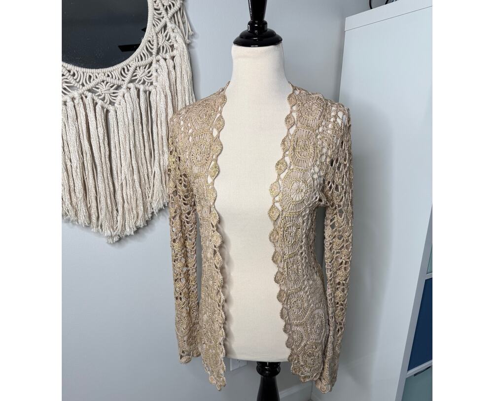 Chico's Women's Gold Metallic Tan Crochet Open Weave Cotton Cardigan Sweater 0/S